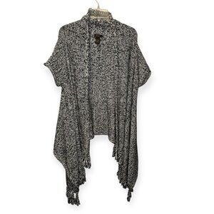 Bask Shrug Sweater Women’s L Black White Knit Open Front Fringe Boho